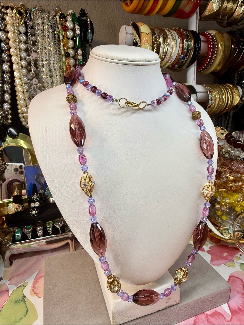 Vintage Elegant Purple Glass Bead Single Strand Necklace Filagree Beads